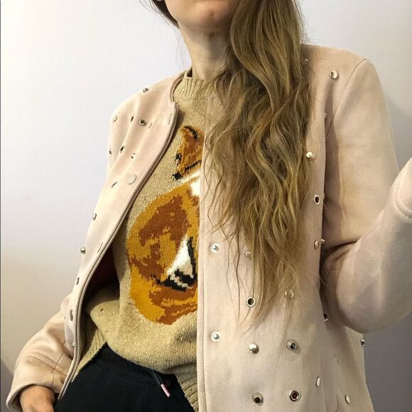 Zara Pastel Pink Faux Suede Studded Jacket Size S Collarless - Picture 5 of 14